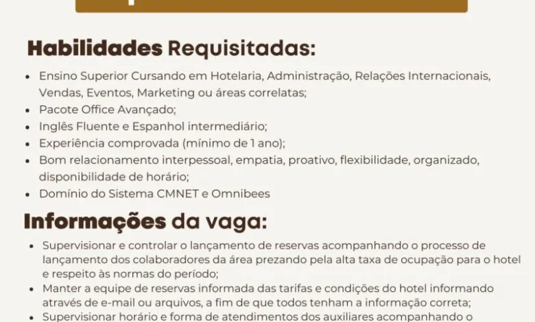 vagas de emprego supervisor reservas riale hoteis