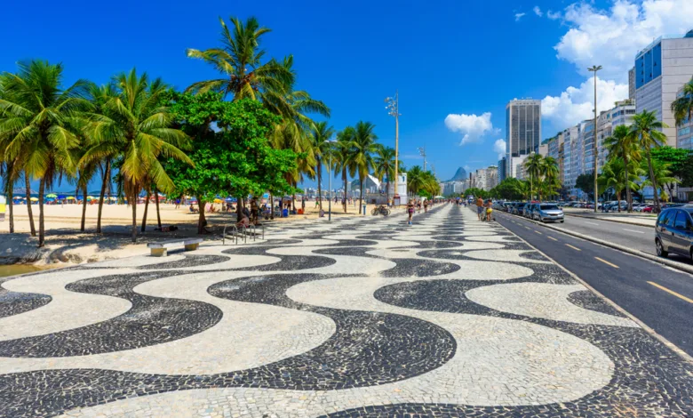 View,Of,Copacabana,Beach,With,Palms,And,Mosaic,Of,Sidewalk