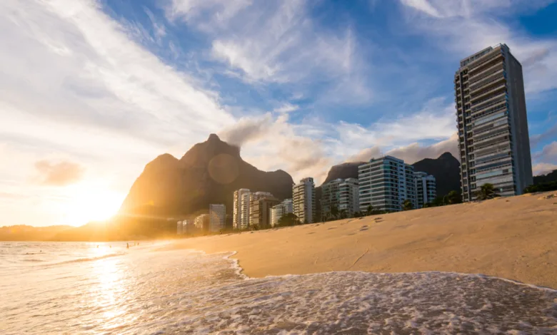 Sunset,At,Sao,Conrado,Beach,With,Beautiful,Mountain,Landscape,And