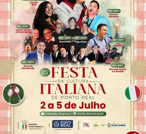 Festa da Cultura Italiana de Porto Real terá quatro dias de música, gastronomia e tradição
