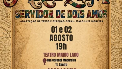 Card do espetáculo Arlequim no Teatro Municipal Mário Lago, em Saquarema