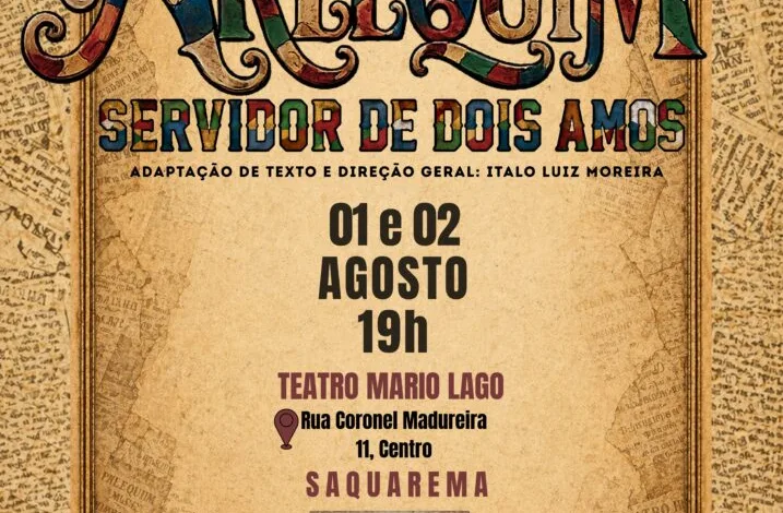 Card do espetáculo Arlequim no Teatro Municipal Mário Lago, em Saquarema