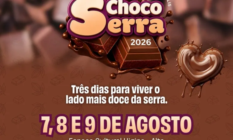 Card de divulgacao do ChocoSerra 2026 em Teresopolis, com chocolate derretido, coracoes de chocolate e as datas 7, 8 e 9 de agosto no Espaco Cultural Higino