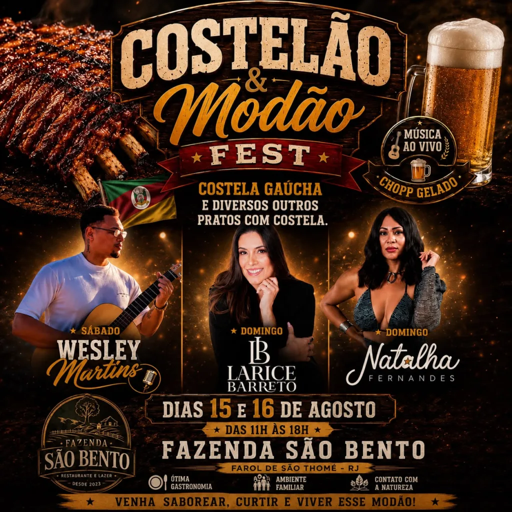 Arte de divulgacao do Costelao e Modao Fest, evento com churrasco gaucho e shows na Fazenda Sao Bento, no Farol de Sao Thome, em Campos dos Goytacazes