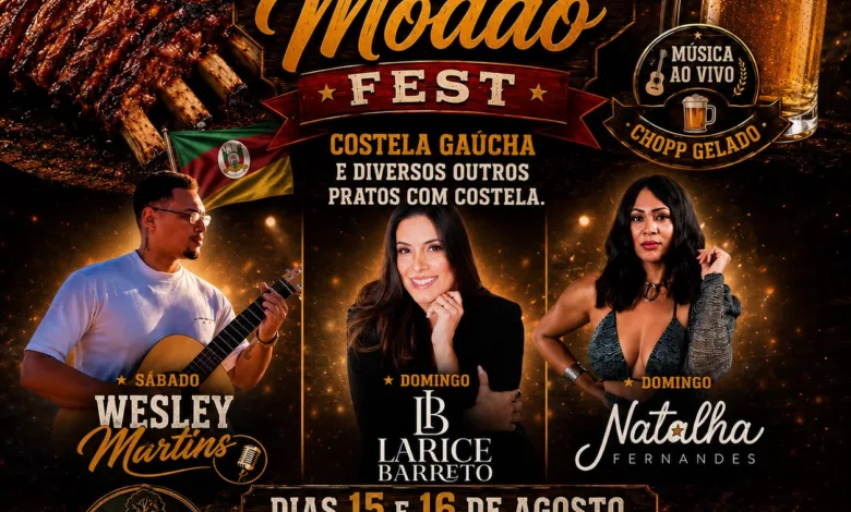 Arte de divulgacao do Costelao e Modao Fest, evento com churrasco gaucho e shows na Fazenda Sao Bento, no Farol de Sao Thome, em Campos dos Goytacazes
