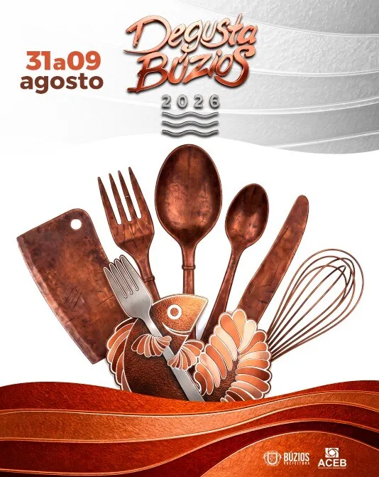 Material de divulgacao do Degusta Buzios 2026, festival gastronomico que reune mais de 120 estabelecimentos nas ruas e pracas de Armacao dos Buzios