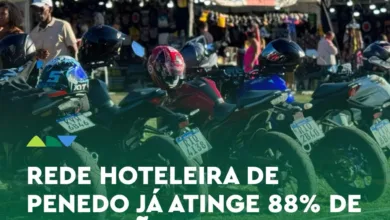 Motocicletas estacionadas em frente a tendas brancas do Encontro Internacional de Motociclistas em Penedo, Itatiaia, com o texto Rede hoteleira de Penedo ja atinge 88% de ocupacao