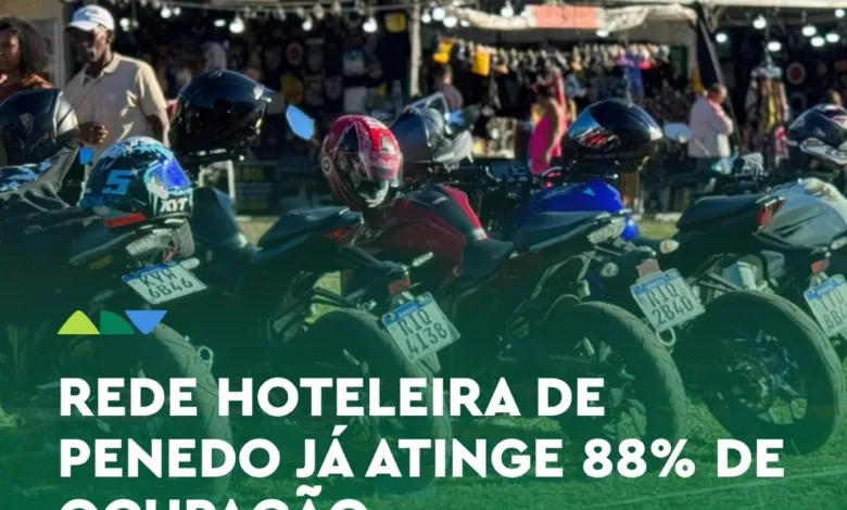 Motocicletas estacionadas em frente a tendas brancas do Encontro Internacional de Motociclistas em Penedo, Itatiaia, com o texto Rede hoteleira de Penedo ja atinge 88% de ocupacao