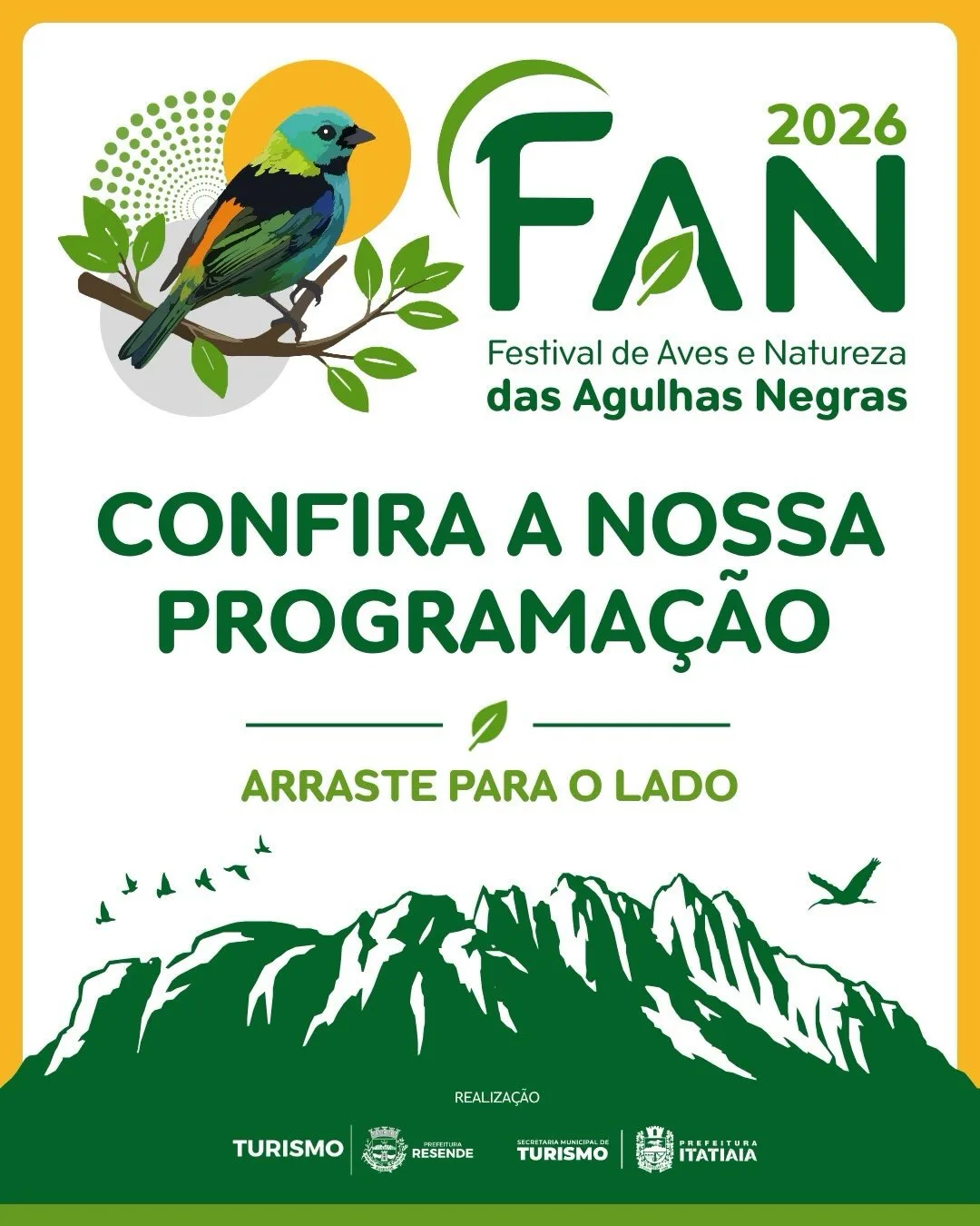 Card do FAN 2026 - Festival de Aves e Natureza das Agulhas Negras com a chamada Confira a nossa programacao, ilustracao de saira-militar e silhueta do Pico das Agulhas Negras