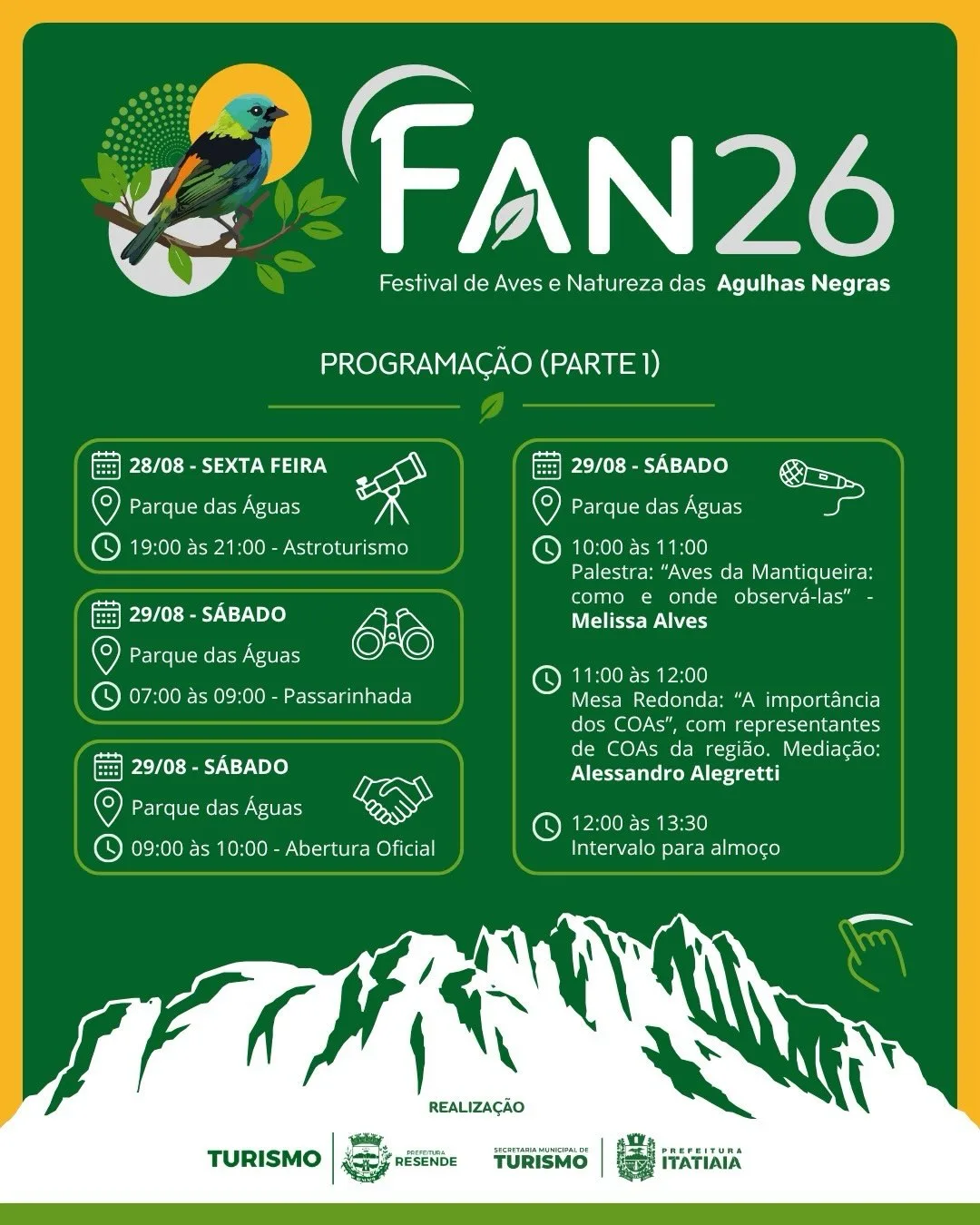 Programacao parte 1 do FAN 2026: astroturismo em 28 de agosto e passarinhada, abertura oficial, palestra de Melissa Alves e mesa redonda sobre COAs em 29 de agosto, no Parque das Aguas em Resende