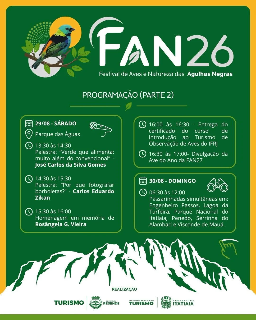Programacao parte 2 do FAN 2026: palestras de Jose Carlos da Silva Gomes e Carlos Eduardo Zikan, homenagem a Rosangela G. Vieira, entrega de certificados do IFRJ e passarinhadas simultaneas em seis localidades no dia 30 de agosto