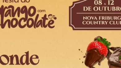 Card de divulgacao da Festa do Morango com Chocolate de Nova Friburgo, que recebe visitantes de todas as regioes do estado do Rio de Janeiro