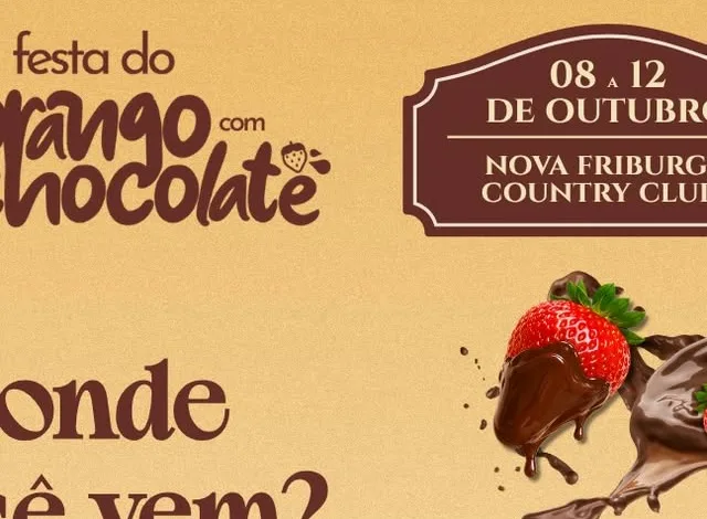 Card de divulgacao da Festa do Morango com Chocolate de Nova Friburgo, que recebe visitantes de todas as regioes do estado do Rio de Janeiro