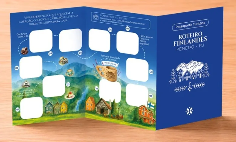 Material de divulgacao do Passaporte Finlandes de Penedo, em Itatiaia, iniciativa do Roteiro Finlandes que reune meios de hospedagem, restaurantes e atrativos turisticos