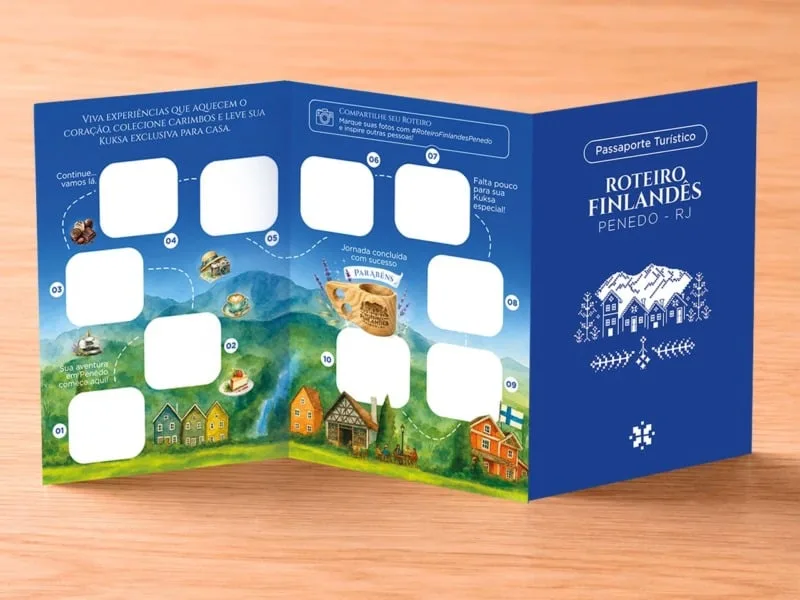 Material de divulgacao do Passaporte Finlandes de Penedo, em Itatiaia, iniciativa do Roteiro Finlandes que reune meios de hospedagem, restaurantes e atrativos turisticos